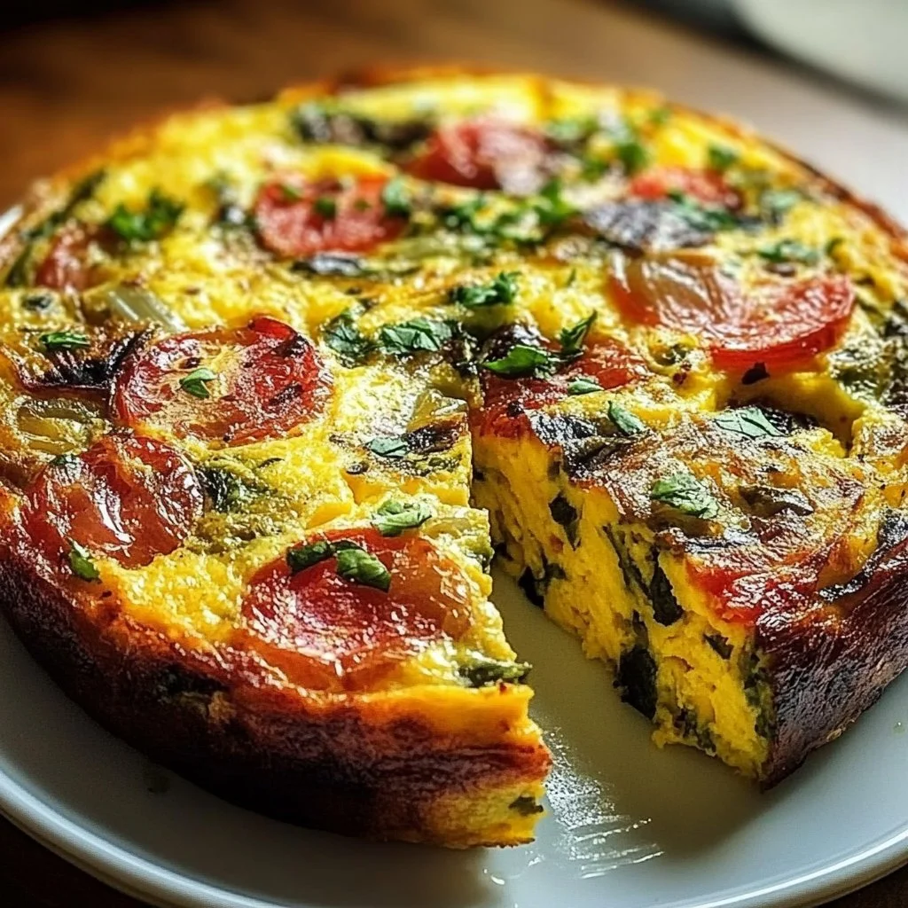 Homemade frittata with vegetables and cheese served on a plate