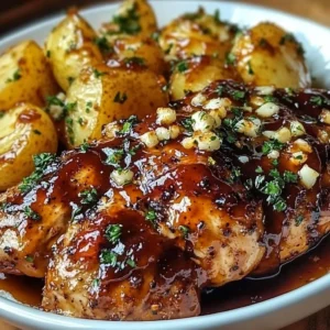 Honey BBQ Chicken served with Garlic Parmesan Potatoes on a plate.