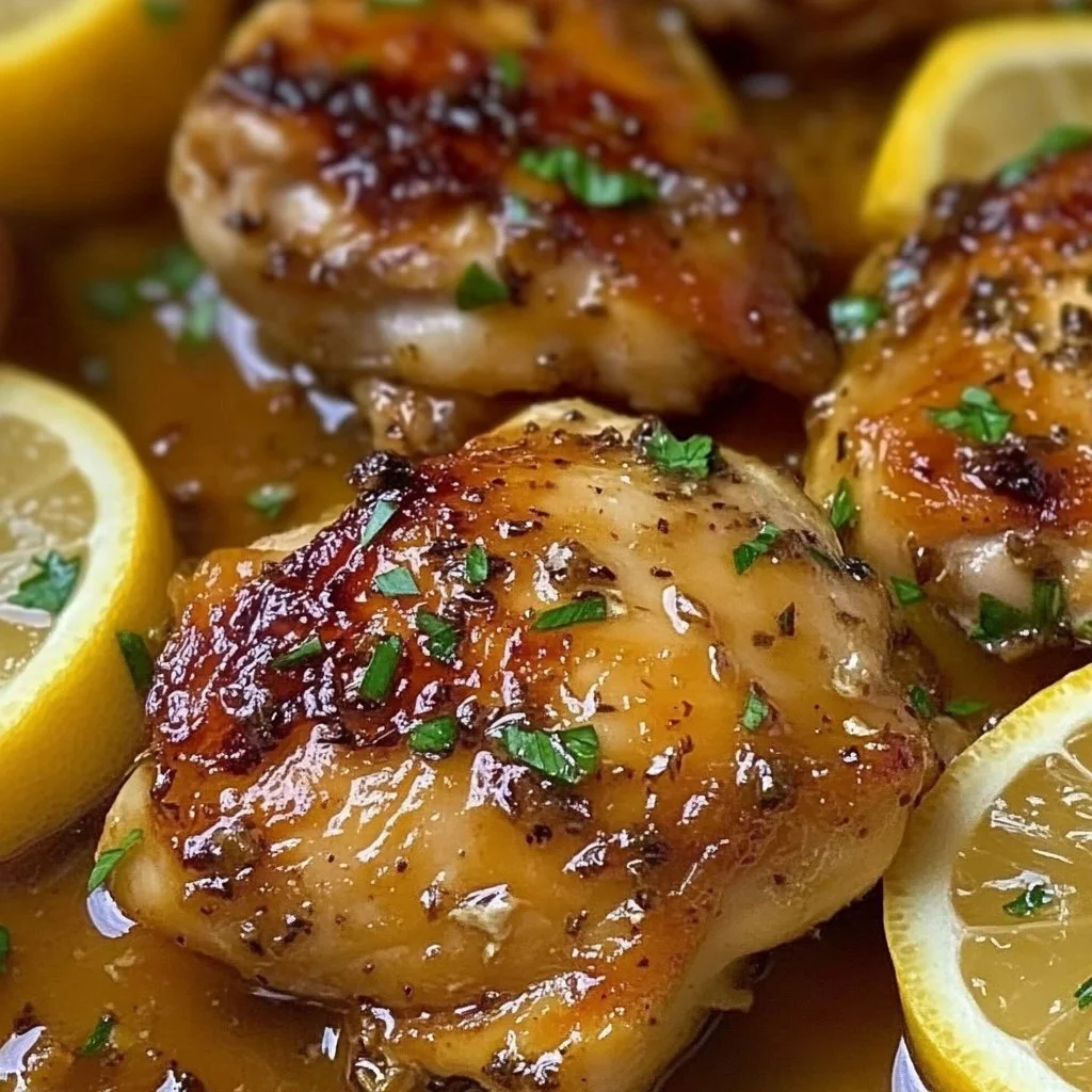 Honey Lemon Pepper Chicken Thighs served with herbs on a plate