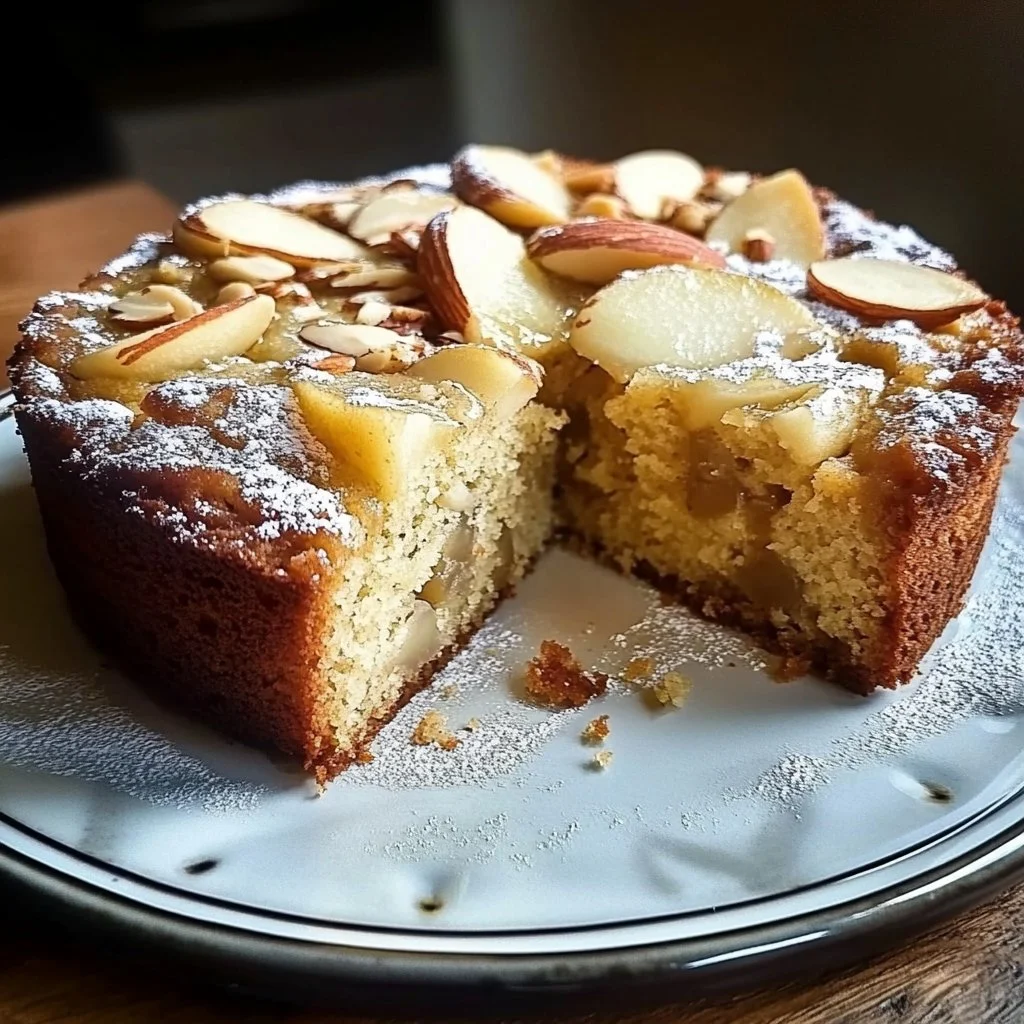 Delicious Honey Pear Almond Cake with slices and fresh fruit