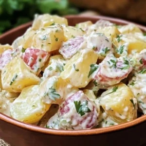Bowl of Ina Garten's creamy potato salad with herbs and dressing