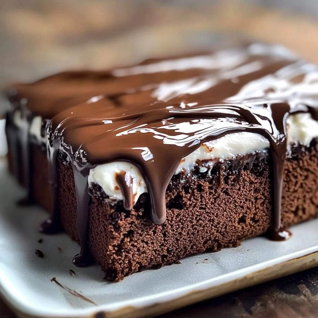 Decadent Chocolate Three Milks Cake topped with chocolate drizzle and fresh berries.
