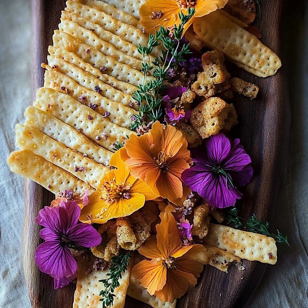 Image of delicious edible flower crackers with vibrant petals and herbs.
