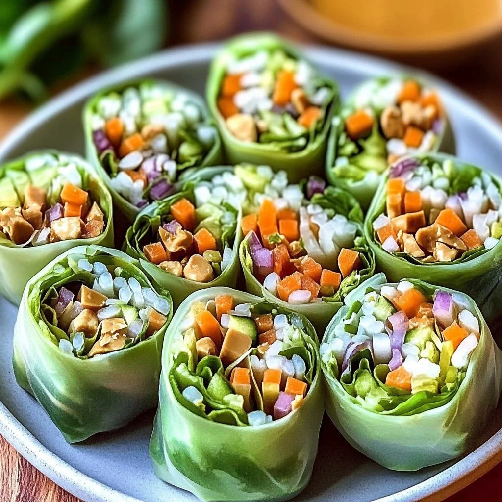 Fresh spring rolls with peanut sauce on a plate, garnished with herbs.