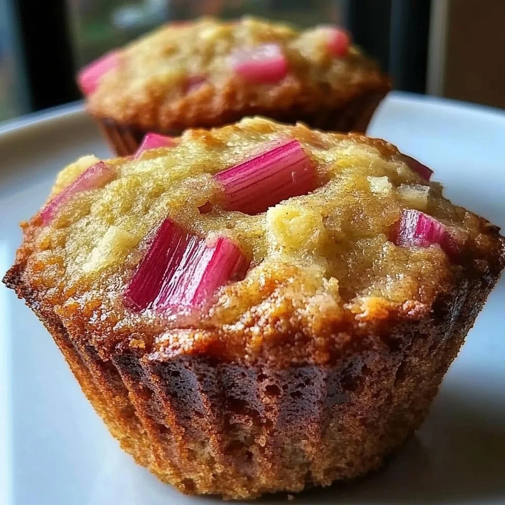 Freshly baked rhubarb muffins with Greek yogurt, perfect for a quick snack.