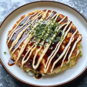 Deliciously prepared Okonomiyaki, Japanese cabbage pancakes on a plate.