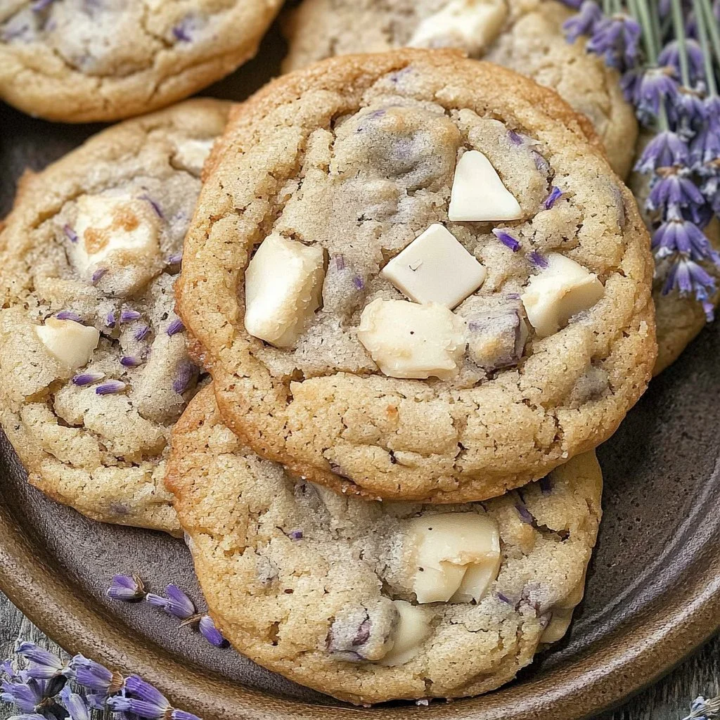 Batch of Lavender White Chocolate Chip Cookies on a cooling rack