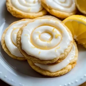 Delicious lemon cheesecake cookies arranged on a plate with fresh lemon slices.