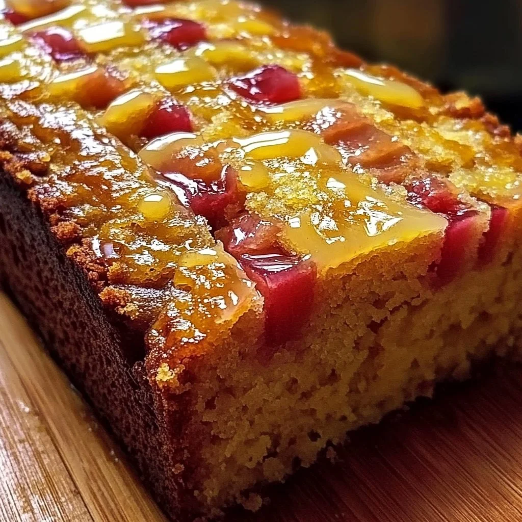 A freshly baked Lemon Rhubarb Loaf with bright lemon zest and rhubarb chunks