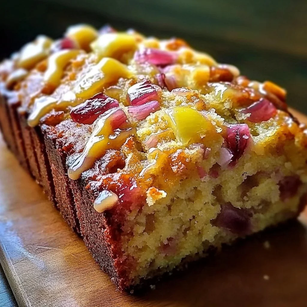 Freshly baked lemon rhubarb loaf sliced and served on a plate.