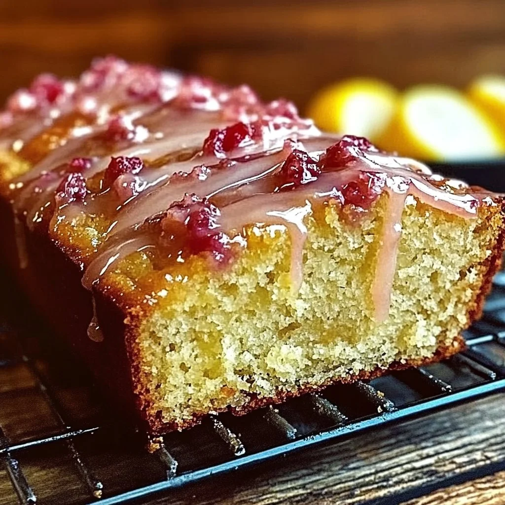 Sliced Lemon Rhubarb Loaf Cake on a decorative plate