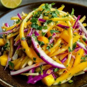 Bowl of colorful Mango Slaw with fresh ingredients