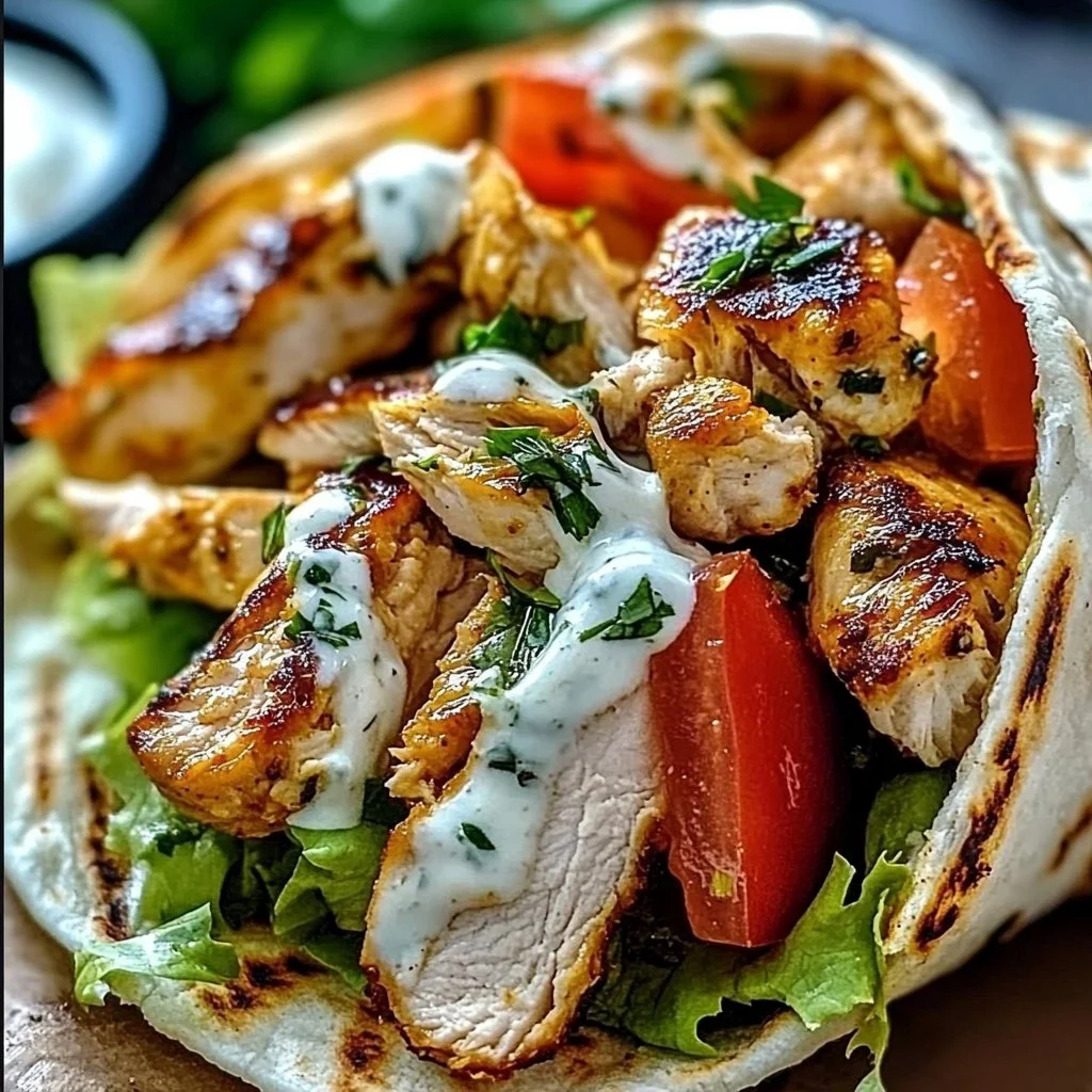 Mediterranean Chicken Gyro with fresh vegetables and zesty sauce wrapped in pita