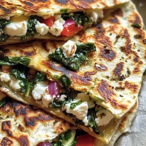 Delicious Mediterranean quesadillas with spinach, feta, and mozzarella cheese.
