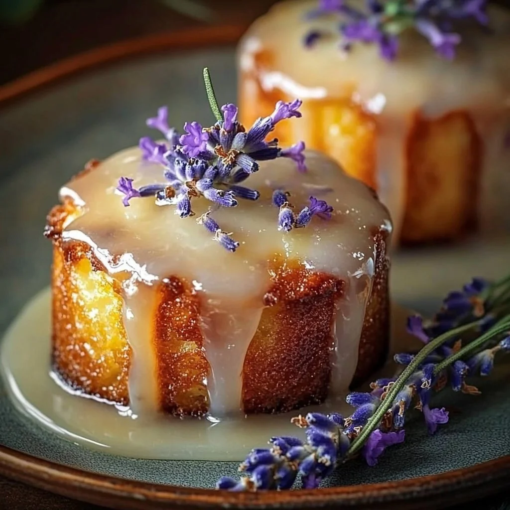 Mini lemon cakes drizzled with lavender glaze on a white plate