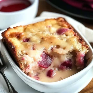 Moist rhubarb cake topped with a rich butter sauce, showcasing vibrant rhubarb.