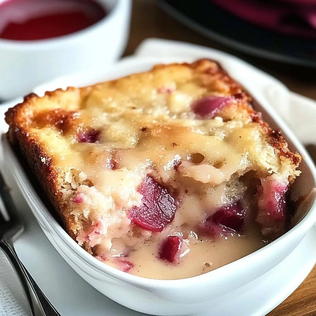 Moist rhubarb cake topped with a rich butter sauce, showcasing vibrant rhubarb.