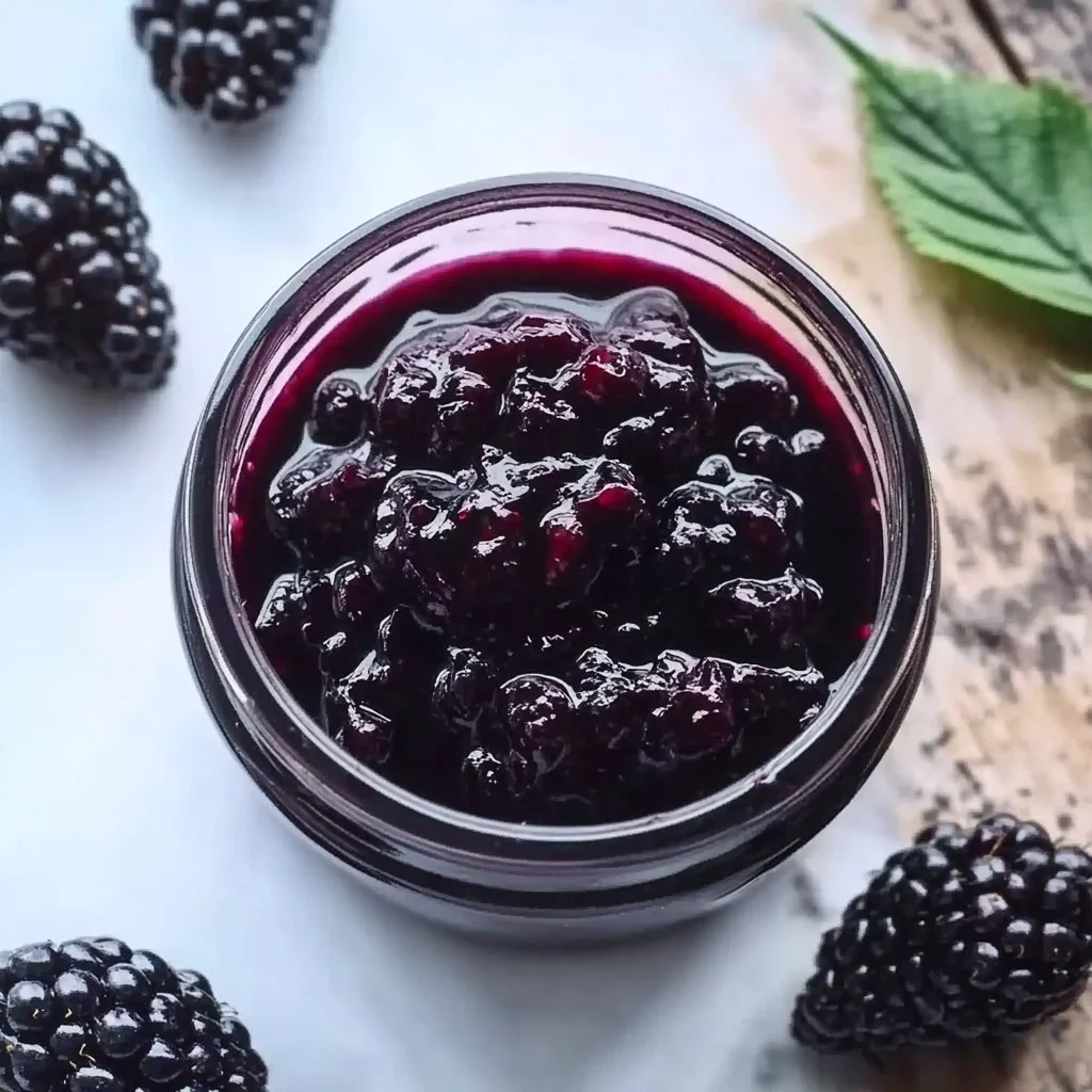 Homemade mulberry jam in a jar with fresh mulberries beside it.