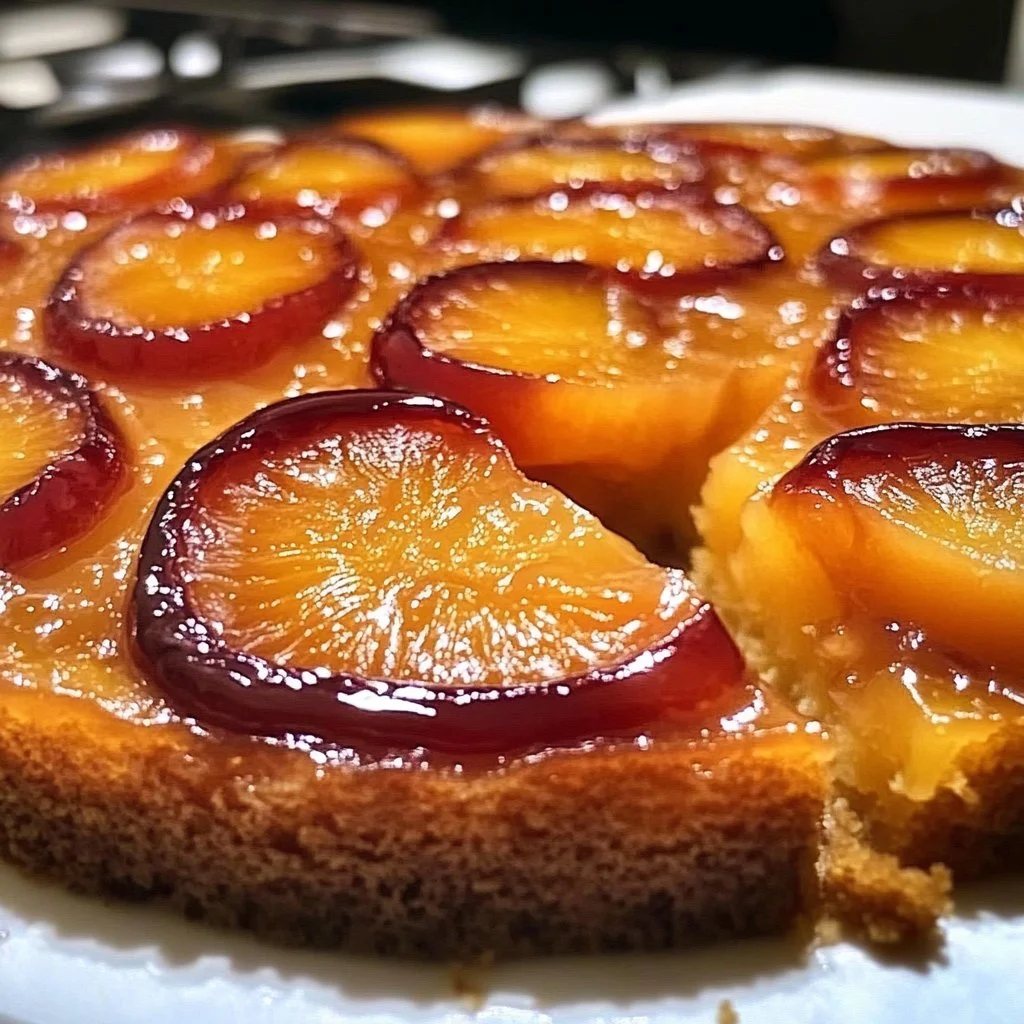 Delicious sliced nectarine upside down cake on a plate
