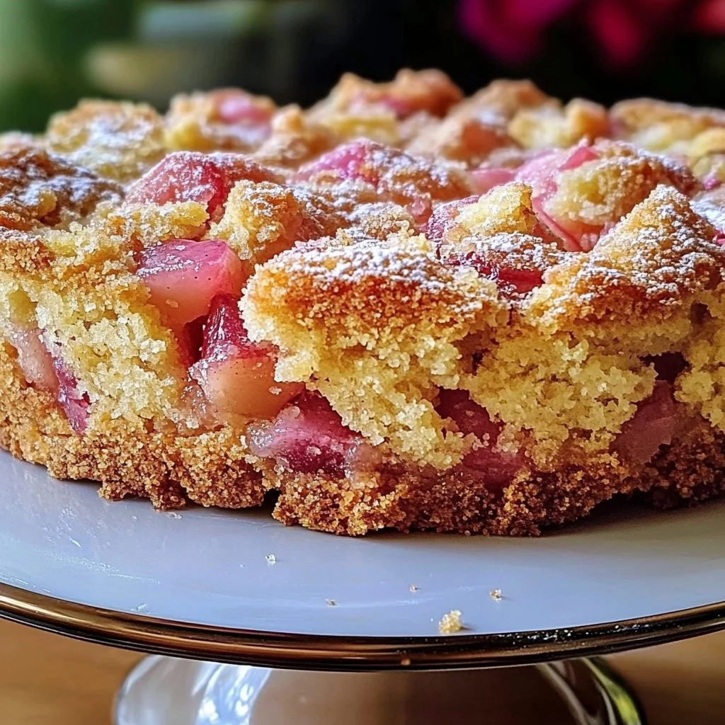 Slice of old-fashioned Norwegian rhubarb cake with rustic presentation