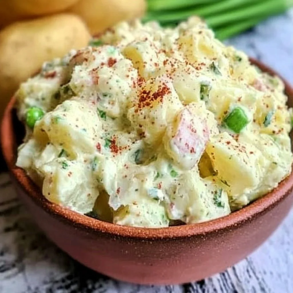 Bowl of Old-Fashioned Potato Salad garnished with herbs