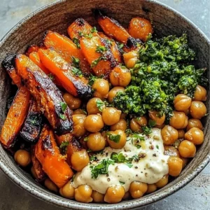 Healthy roasted carrot bowl with chickpeas and spices from a one-pan recipe