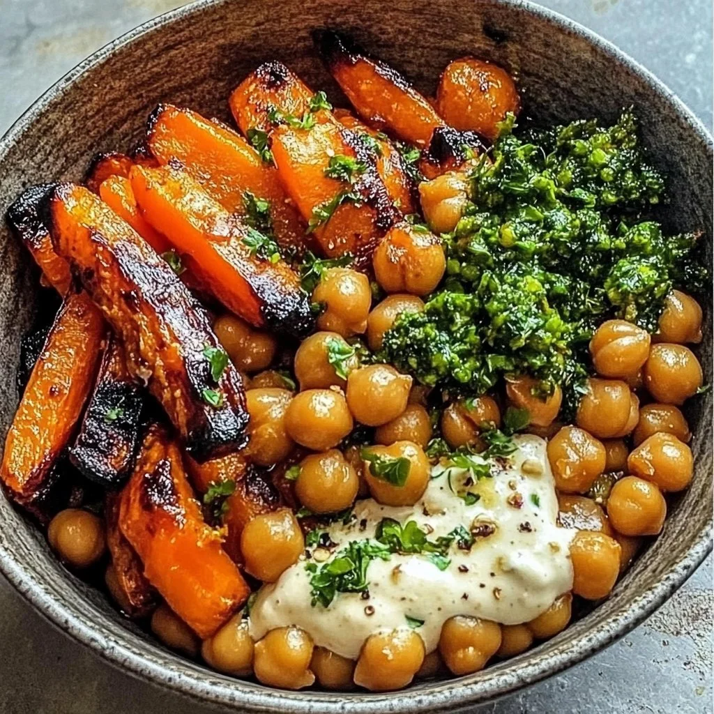 Healthy roasted carrot bowl with chickpeas and spices from a one-pan recipe