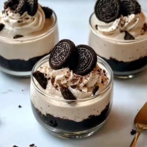 Delicious homemade Oreo Mousse dessert in a glass with crushed Oreos on top
