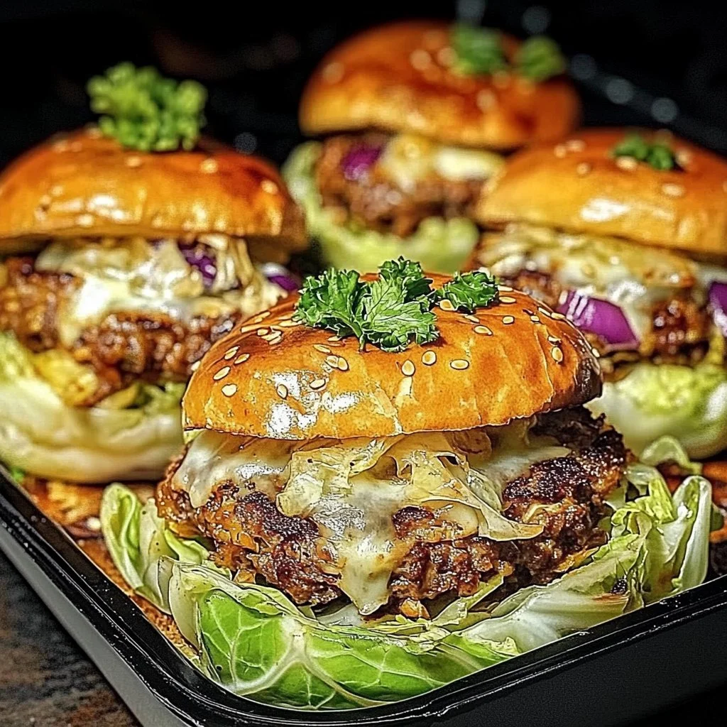 Oven-baked cabbage burgers served on a plate with fresh vegetables.