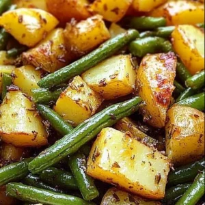 Delicious oven-roasted potatoes and green beans served on a plate.