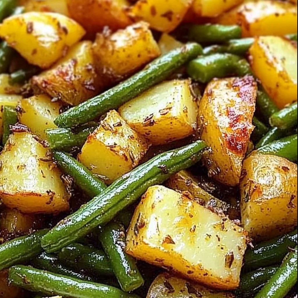 Delicious oven-roasted potatoes and green beans served on a plate.