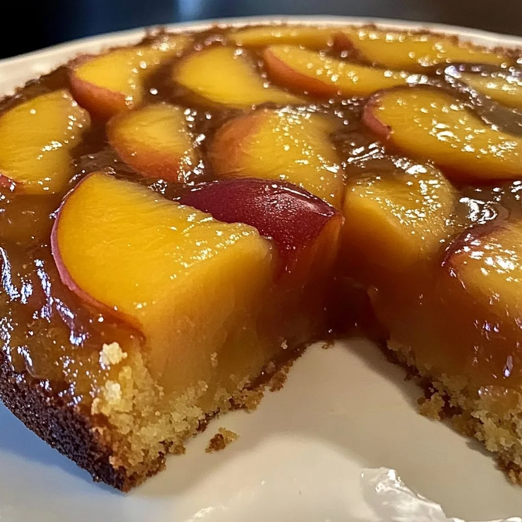 Delicious Peach Upside Down Cake topped with caramelized peaches