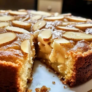 Sliced Pear Almond Butter Cake with almonds and pears on a decorative plate.
