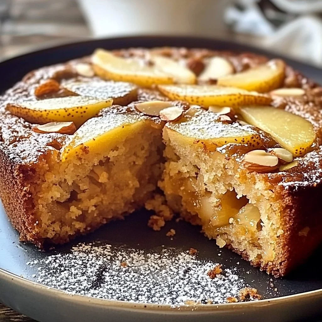 Slice of Pear Almond Tea Cake on a plate, garnished with almonds and pear slices.