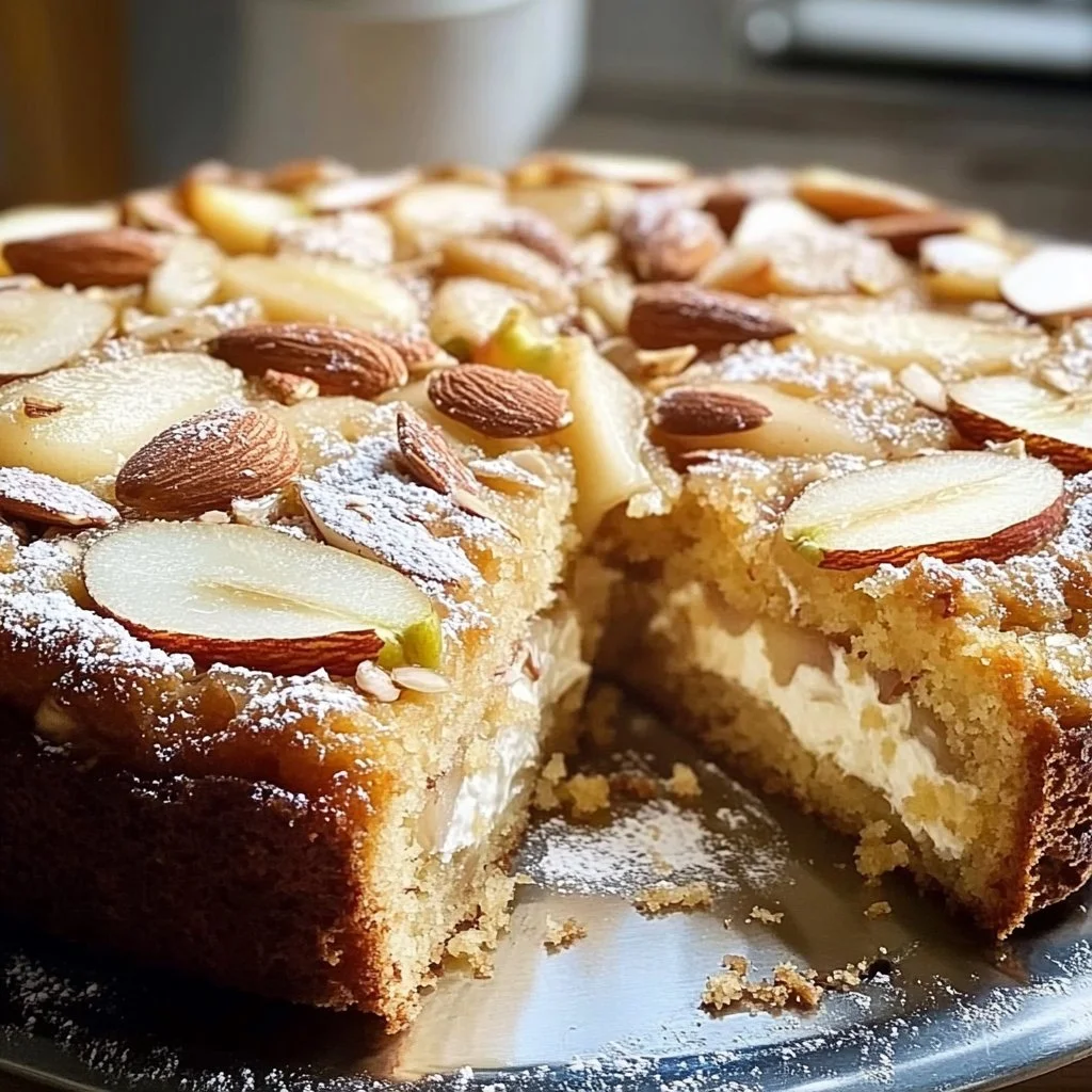 Delicious slice of Pear Almond Yogurt Cake topped with almonds and pears