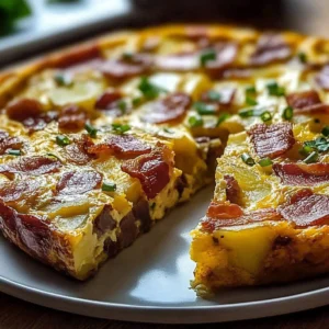 Delicious beef bacon potato frittata served on a plate for breakfast or brunch.