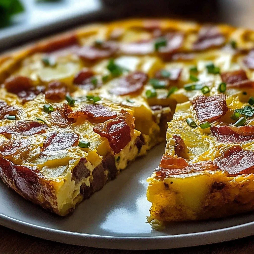 Delicious beef bacon potato frittata served on a plate for breakfast or brunch.