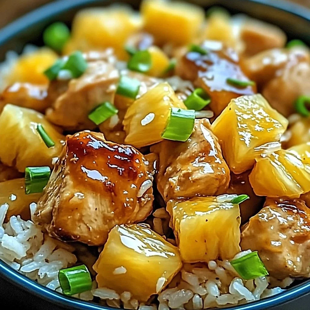 Delicious pineapple chicken served with rice, showcasing a flavorful tropical dish.