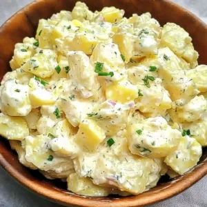 Delicious potato salad served in a bowl, garnished with fresh herbs.
