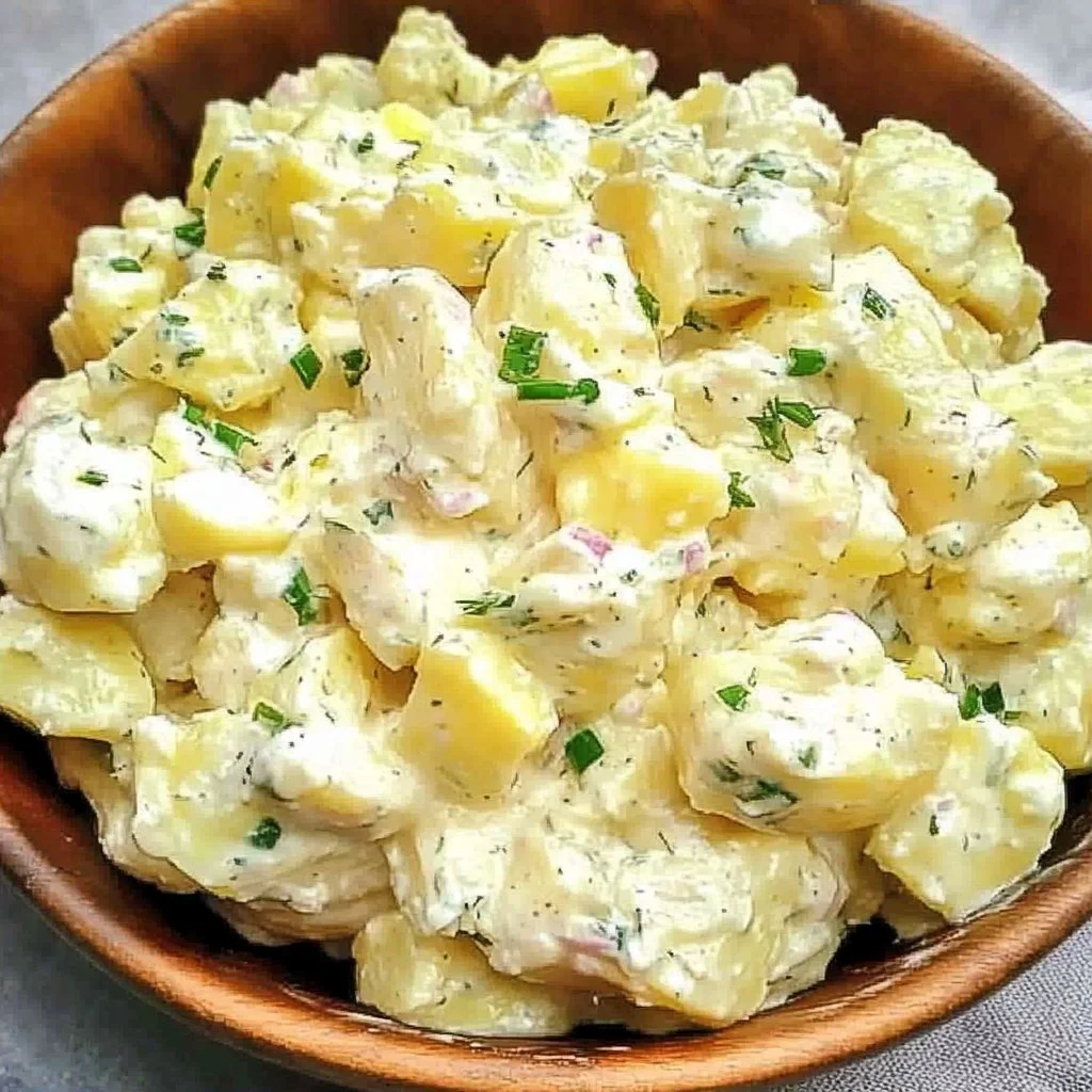 Delicious potato salad served in a bowl, garnished with fresh herbs.
