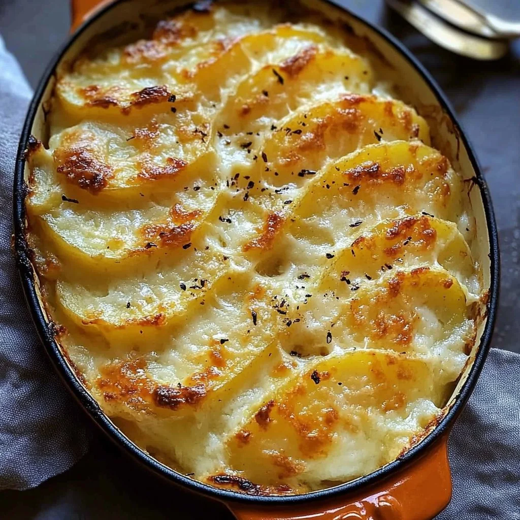 Creamy and cheesy Potatoes Au Gratin served in a dish.