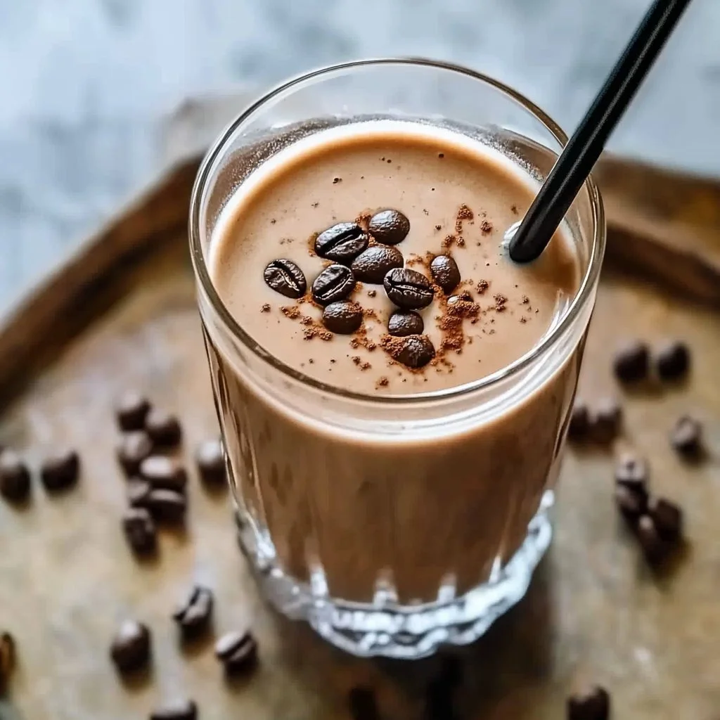 Protein Coffee Shake in a glass with ice and chocolate drizzle