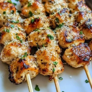 Grilled Ranch Garlic Parmesan Chicken Skewers served on a plate