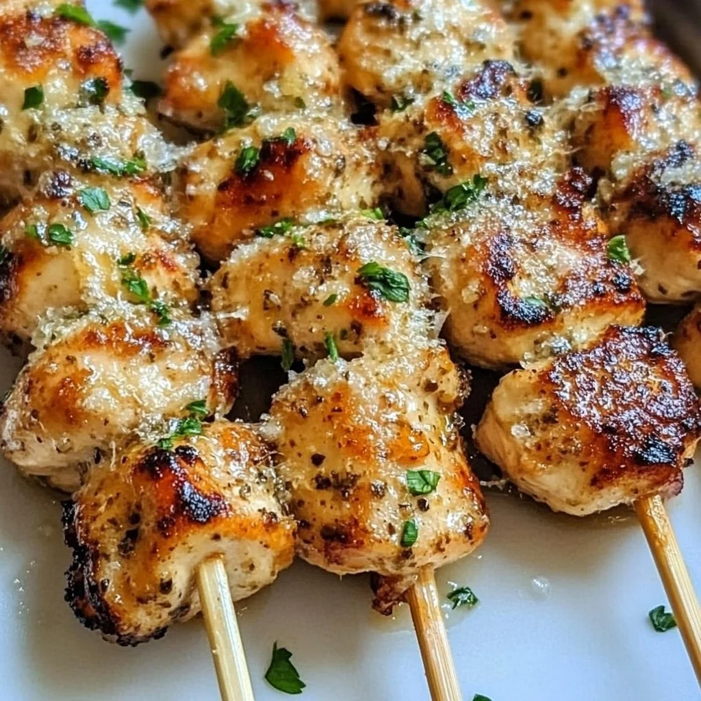 Grilled Ranch Garlic Parmesan Chicken Skewers served on a plate