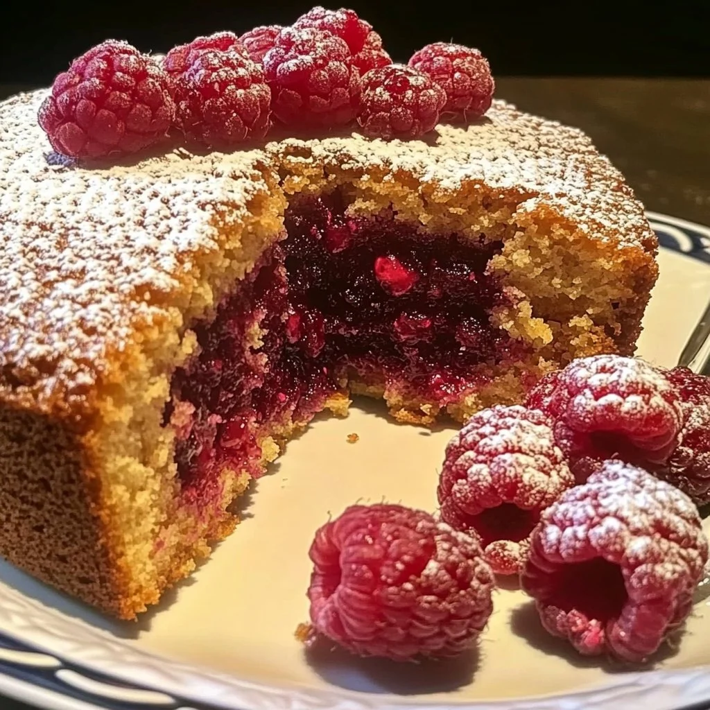 Delicious Raspberry Brown Sugar Cake topped with fresh raspberries and brown sugar glaze
