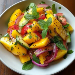 Refreshing mango salad with lime dressing, vibrant colors and healthy ingredients.