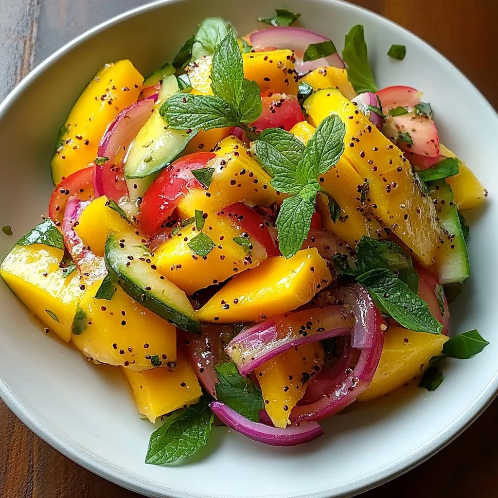 Refreshing mango salad with lime dressing, vibrant colors and healthy ingredients.