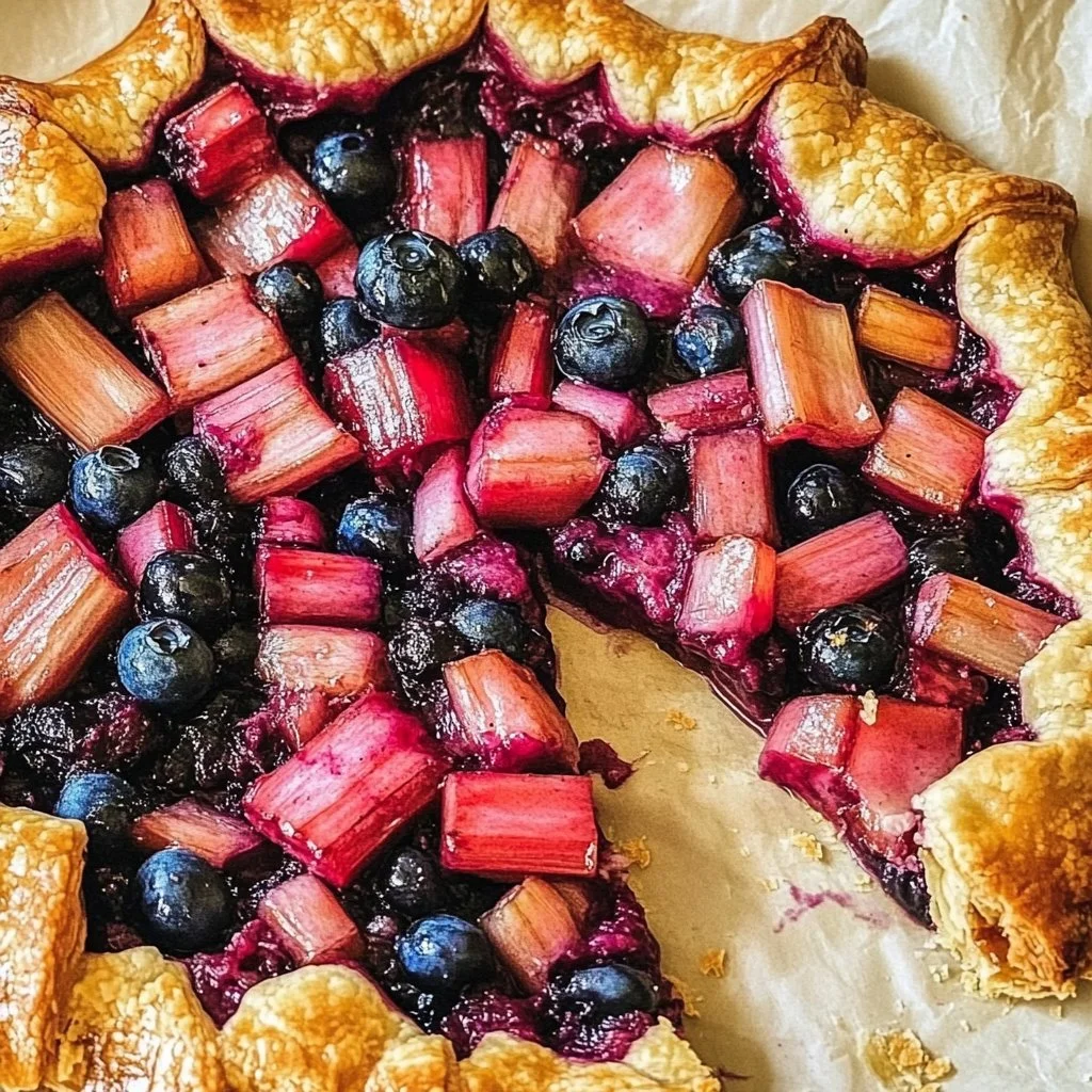 Rhubarb Blueberry Galette with flaky crust and fresh fruit topping