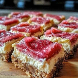 Delicious rhubarb bars topped with cream cheese frosting on a wooden table.