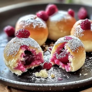 Rhubarb Cheesecake Bombs topped with fresh rhubarb and whipped cream